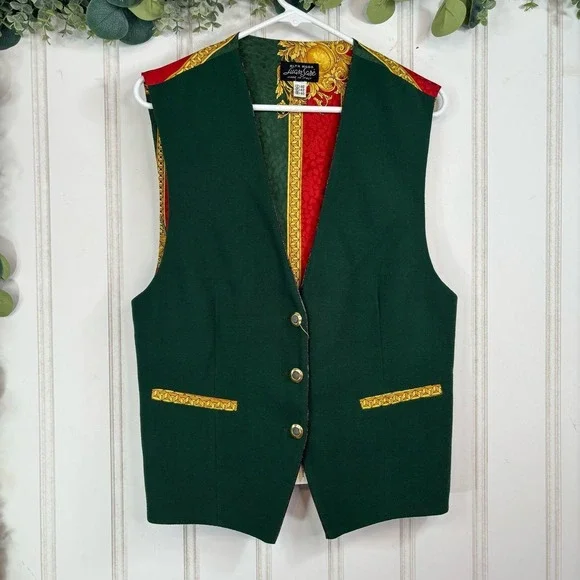 Vintage Luan Sare Alta‎ Moda Vest Italian Wool Green Red Gold Baroque Mob Wife - Picture 2 of 13